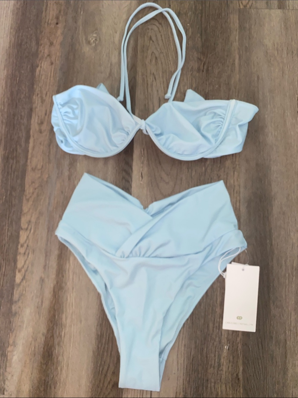Caroline Constas NWT Light Blue Bandeau High Leg/Waist Bikini Set XS